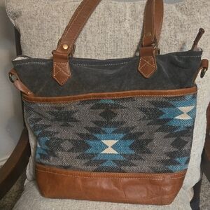 Myra Stylish Blue and Brown Gray Tote Bag 11 "X 15" Roomy  Southwest Aztec Style